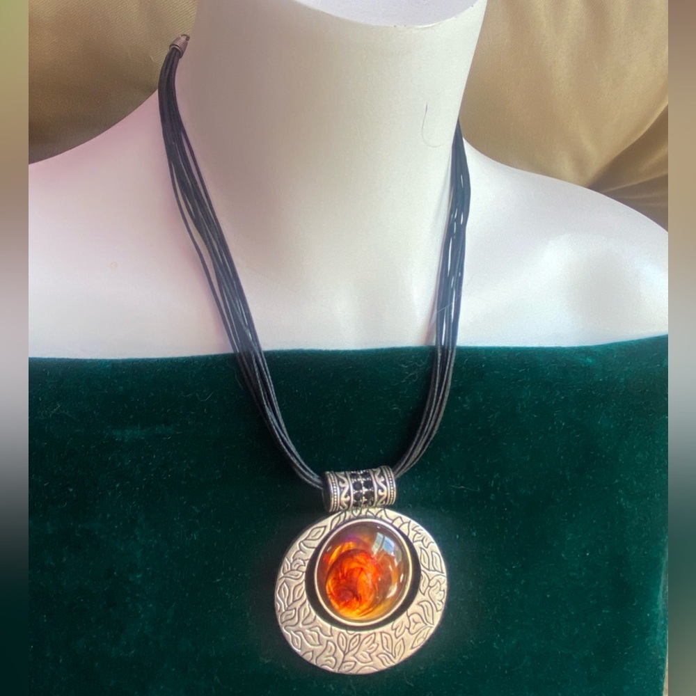 Lia Sophia Multi-Strand Black Cord Necklace with Amber Glass Pendant - Picture 5 of 9